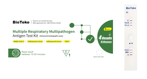(SARS-CoV-2 • Influenza A • Influenza B • RSV ) EMBioty 4-in-1 Rapid Test Kit is designed for the qualitative detection of antigens from SARS-CoV-2, Influenza A, Influenza B, Respiratory Syncytial Virus (RSV) using human nasal or nasopharyngeal swab samples.